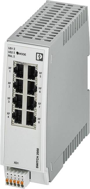 Hálózati switch modul nyolc Ethernet porttal, XF1-től XF8-ig felcímkézve, státuszjelző LED-ek felül elhelyezve.