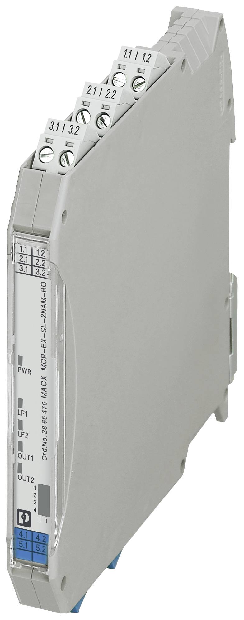 Szürke-fehér, keskeny formátumú elektronikai eszköz csavaros csatlakozókkal a tetején, valószínűleg sínre szerelhető ipari kapcsolószekrényekbe.