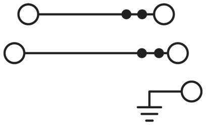 Három elektronikai kapcsolási jel: felül egy egyszerű vezeték, középen egy két csomóponttal rendelkező vezeték, alul egy földelési szimbólum.