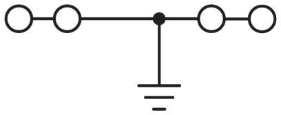 Elektromos szimbólum: Látható földelés vízszintes vezetővel. Négy összekapcsolt kör felül, egy földelési szimbólum középen lent.