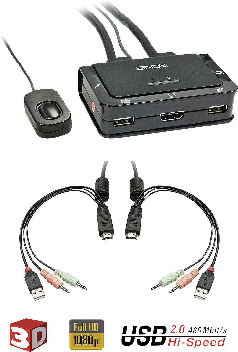 KVM-kapcsoló két HDMI-porttal, egy USB-porttal és audiokábelek. Támogatja a Full HD-t és a USB 2.0 480 Mbit/s sebességet.
