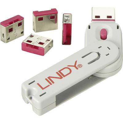 USB port blokkoló dugó, vakdugó, 4 db-os készlet, piros, kiszedő szerszámmal, Lindy 40450