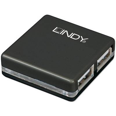 Egy négyzet alakú, fekete eszköz, amelynek tetején 'Lindy' felirat látható. Az oldalán több USB-csatlakozó található.