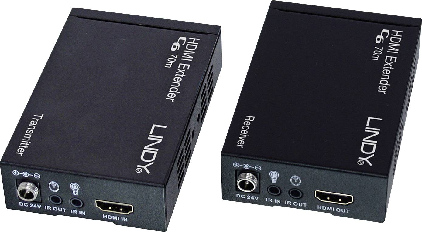 HDMI Jeltovábbító Szett, amely egy bal oldali adóegységből és egy jobb oldali vevőegységből áll; lehetővé teszi a HDMI-jelek továbbítását nagyobb távolságokon.