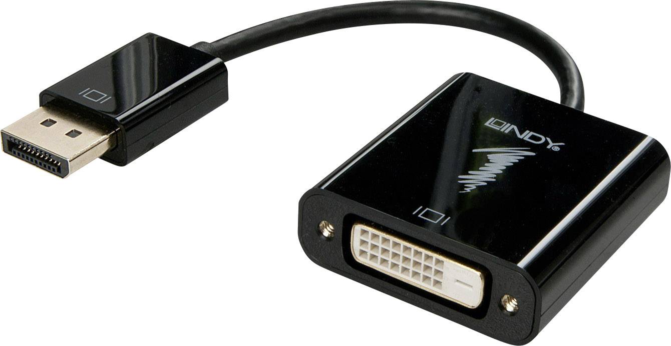 Egy fekete DisplayPort-ről DVI-re átalakító rövid kábellel. Baloldalt a DisplayPort csatlakozó, jobboldalt a DVI-port.