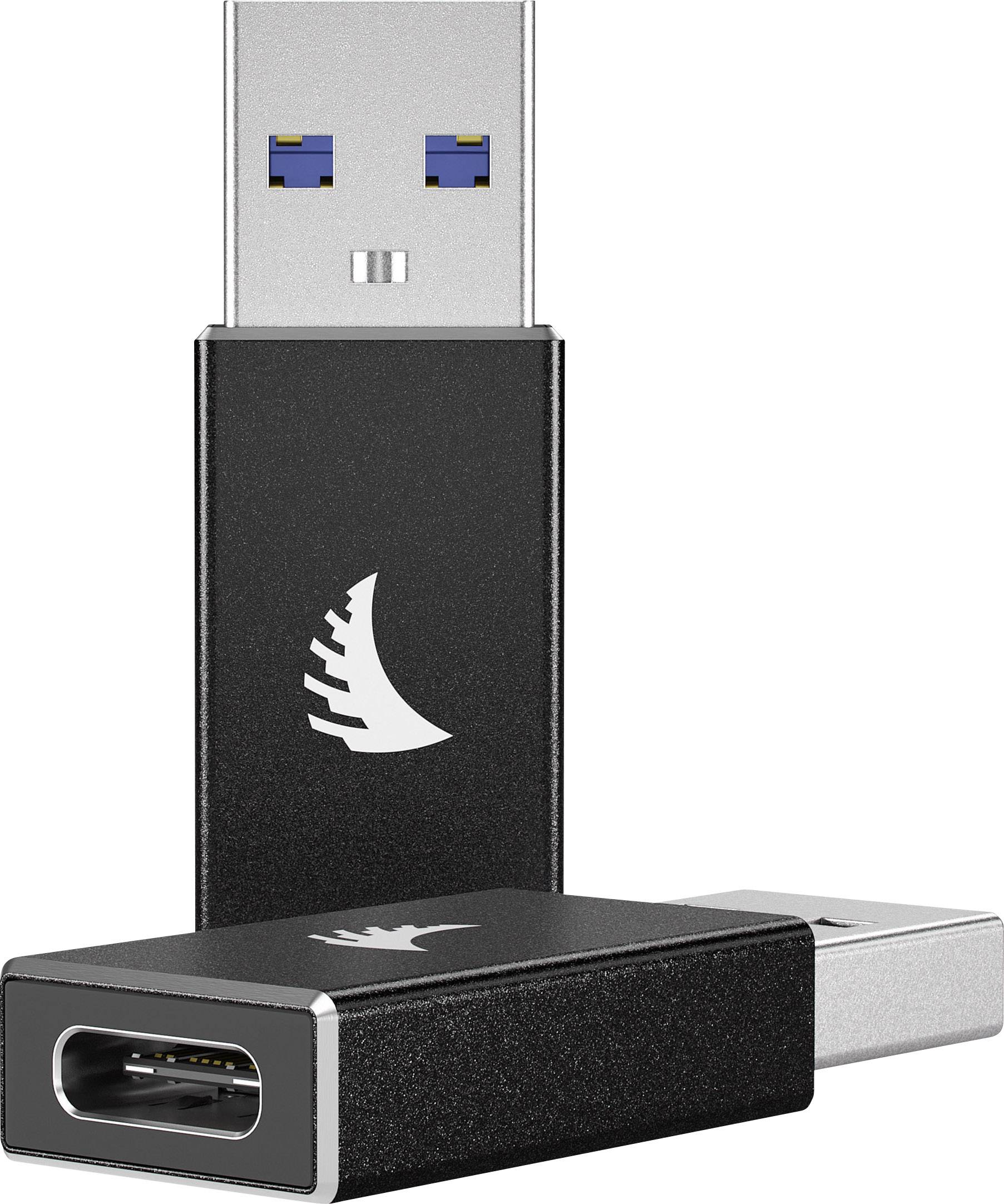 USB-C-ről USB-A-ra átalakító. Egy fekete adapter, amely egy jellegzetes emblémával rendelkezik a USB-C-eszközök USB-A-portokhoz történő csatlakoztatásához.
