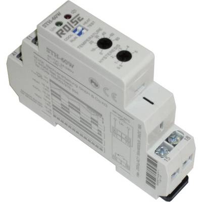 Egy fehér, DIN-sínre szerelhető elektronikus termosztát-szabályzó, amely hőmérséklet-beállító gombokkal, műszaki feliratokkal és csatlakozó kapcsokkal rendelkezik.