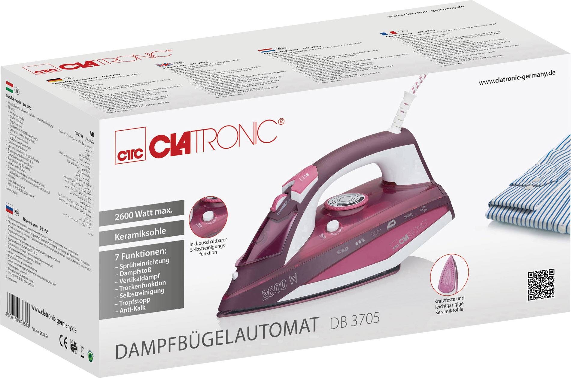 'Clatronic DB 3705: Gőzölős vasaló 2600 watt teljesítménnyel, kerámia talppal, 7 funkcióval, köztük öntisztítás és vízkőmentesítés.'