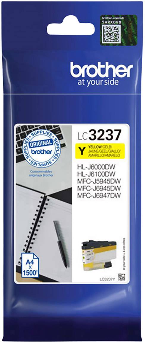 Brother Tintapatron LC3237Y sárga színben, kompatibilis a HL-J6000DW, MFC-J5945DW és egyéb modellekkel. Körülbelül 1.500 oldal nyomtatására alkalmas.