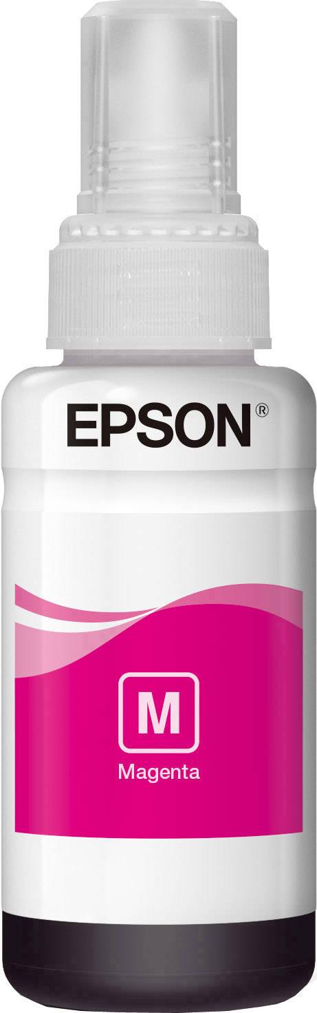 Epson tintapatron, Magenta, az 'M' szimbólummal és a 'Magenta' felirattal fehér háttéren, rózsaszín dizájnnal.
