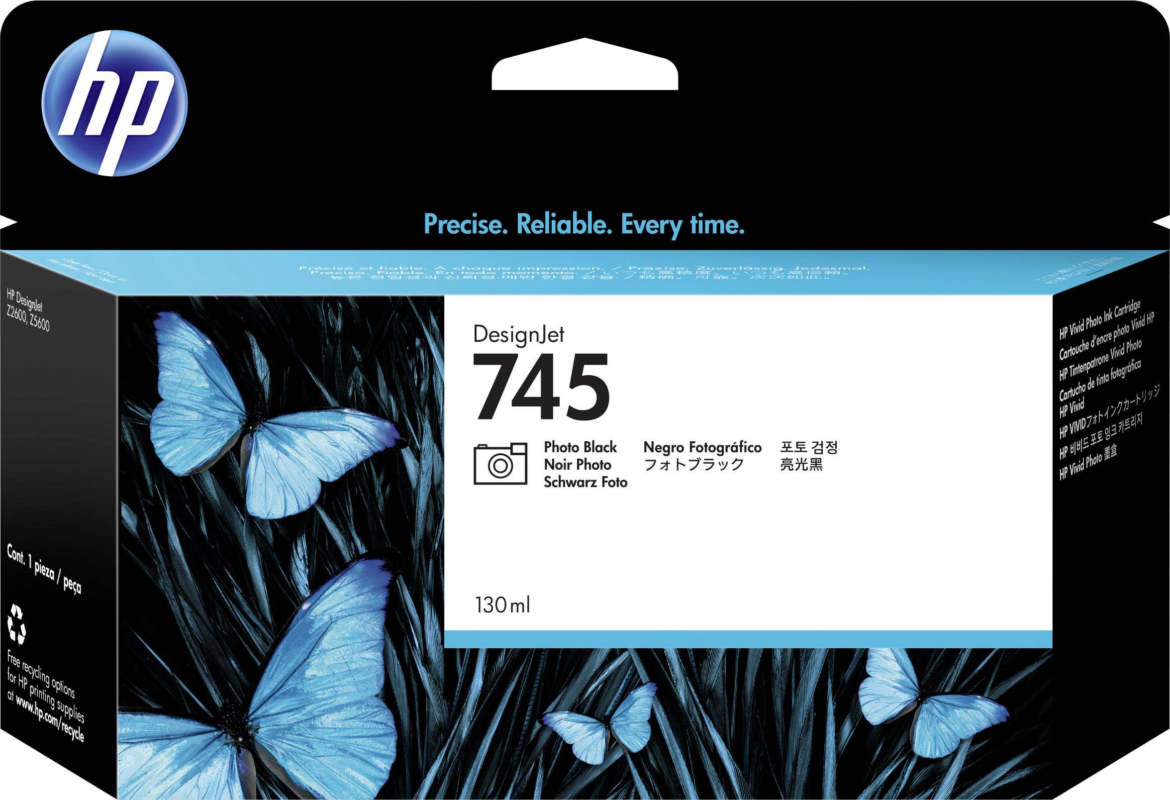 DesignJet 745 tintapatron, fekete fotótinta, 130 ml. A csomag kék szárnyú pillangókat ábrázol.