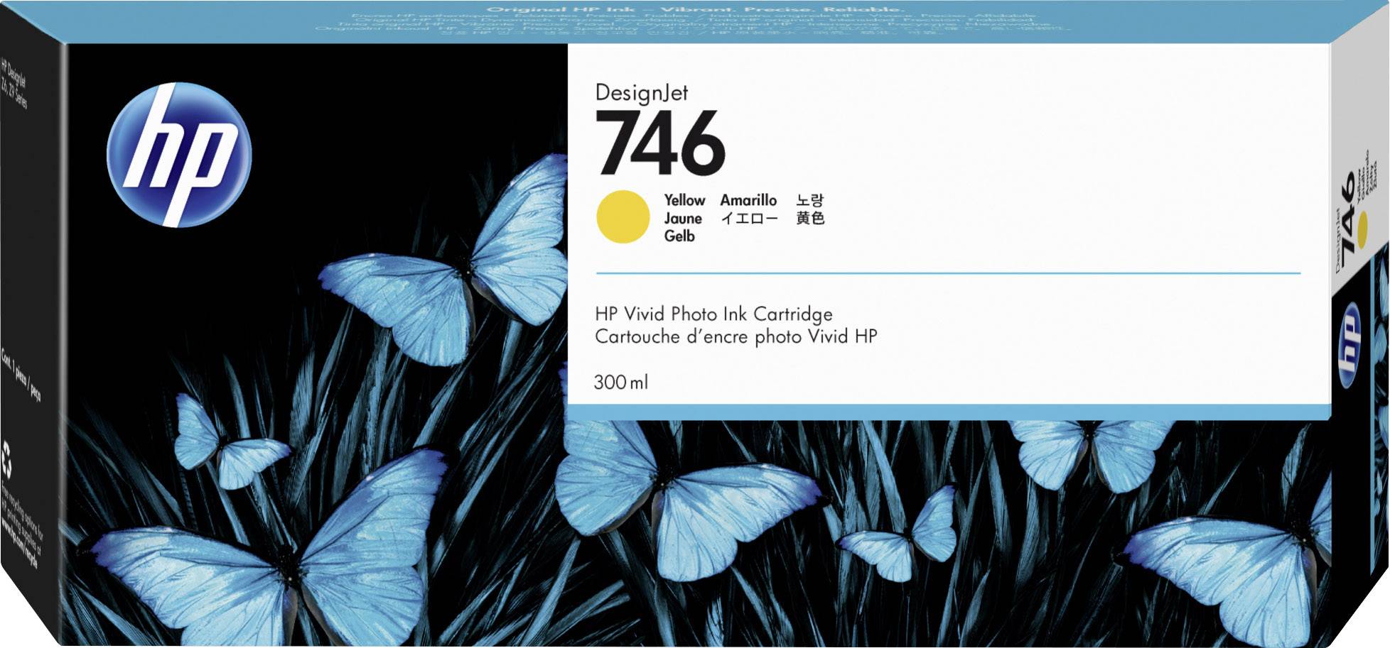 A csomag HP DesignJet 746 Sárga tintapatront mutat, 300 ml-es kiszerelésben. A háttérben kék pillangók láthatók sötét füvön.