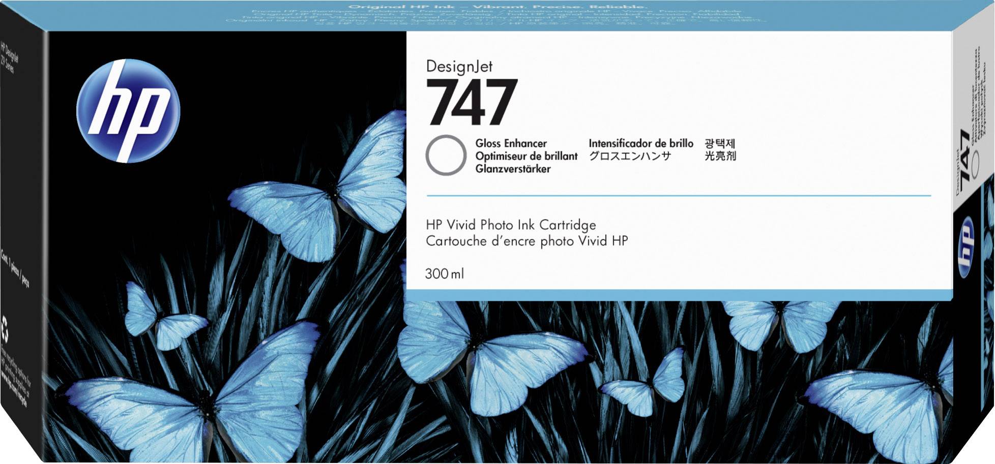 Egy HP DesignJet 747 tintapatron, 300 ml, kék pillangó dizájnnal a csomagoláson. Tartalmazz 'Fényesség fokozó' adalékot.