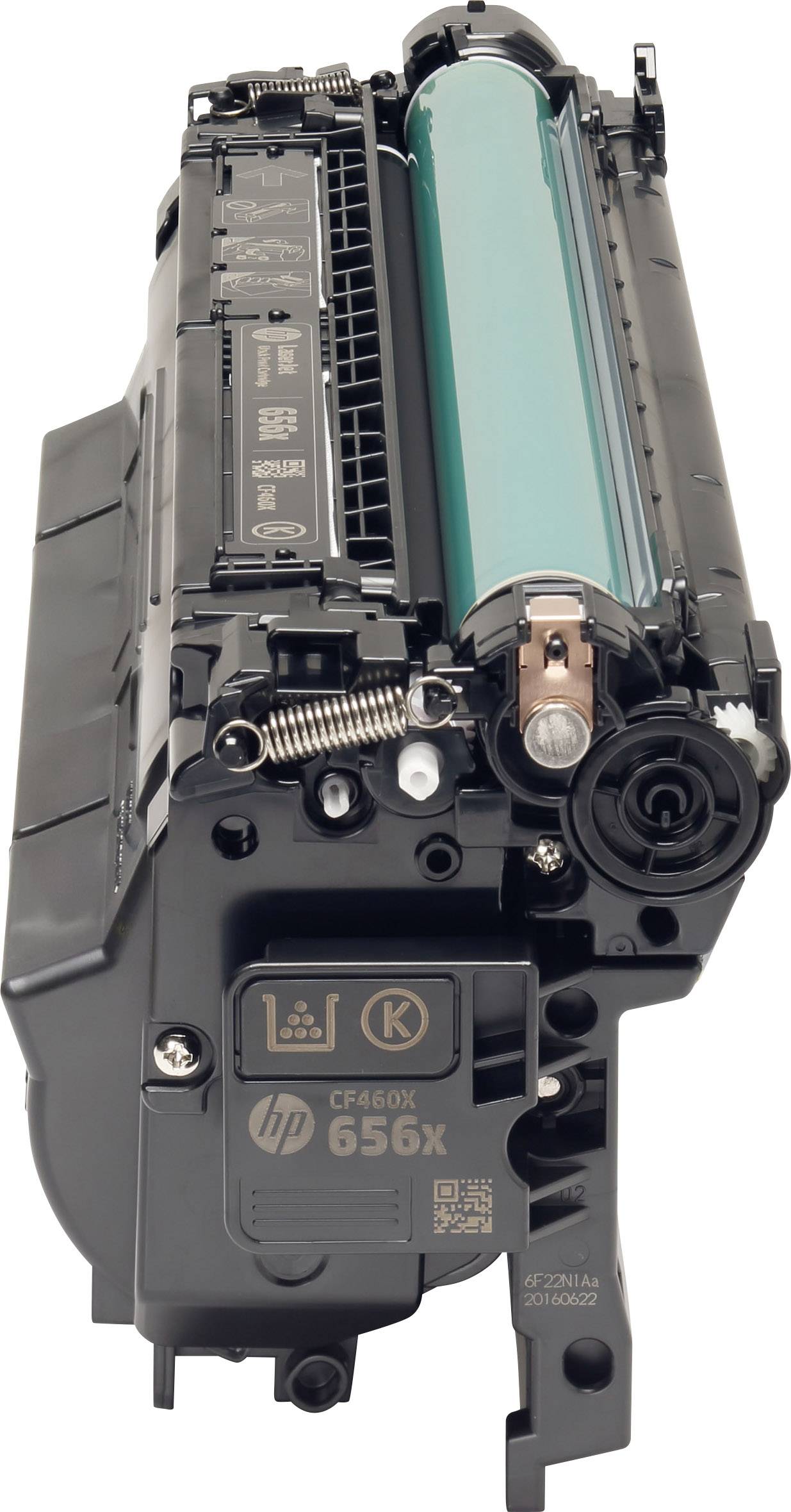 Fekete házburkolatú és türkizkék dobozú nyomtatótoner-patron elektronikus nyomtatókészülékhez; modellszám 'HP 656X'.