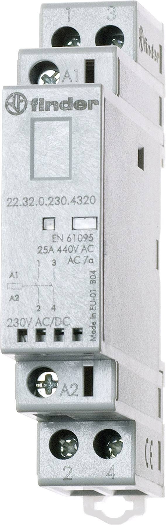 Egy Finder típusú relé modul 22.32.0.230.4320 modellszámmal, alkalmas 230V AC/DC és 25A terhelésre, amelyet jellemzően elektromos berendezések vezérlésére használnak kapcsolószekrényekben.