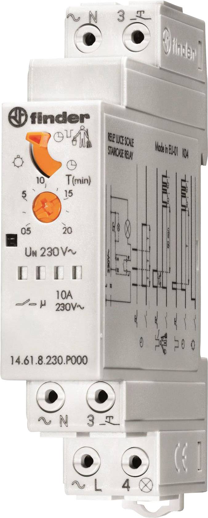Finder elektronikus időrelé, 14.61-es modell, DIN-sínre szerelhető; 230V AC feszültség, időtartomány 0,05-15 perc között állítható.