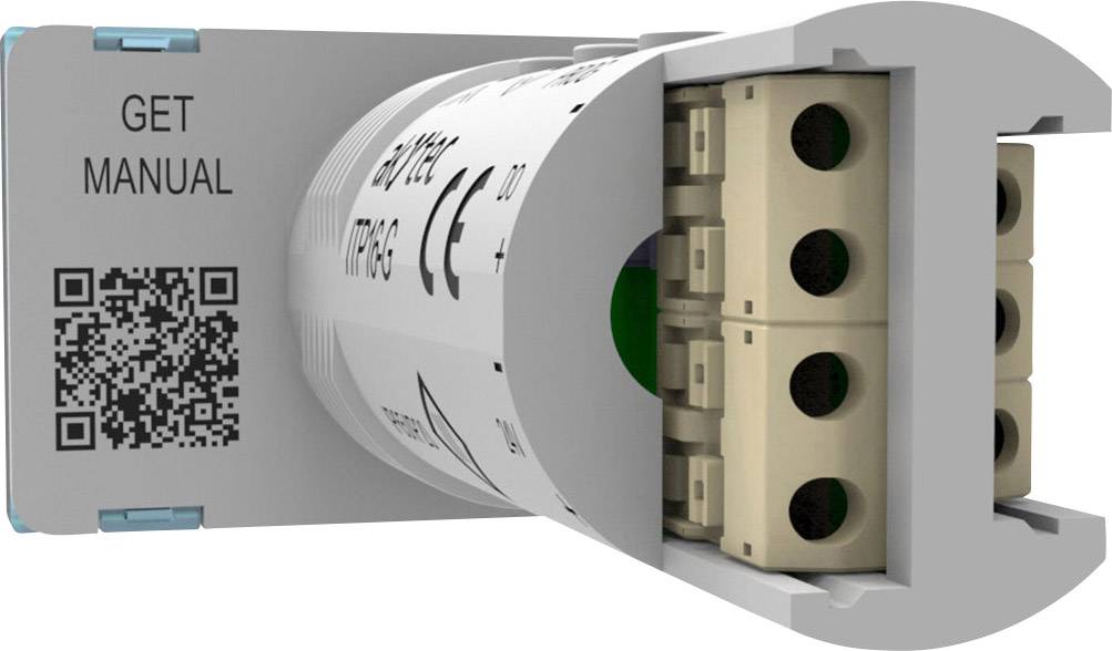 Egy elektromos alkatrész, amelyen a 'GET MANUAL' felirat és egy QR-kód látható a használati útmutatóhoz, megmutatja egy biztosíték csatlakozóit és műszaki részleteit.