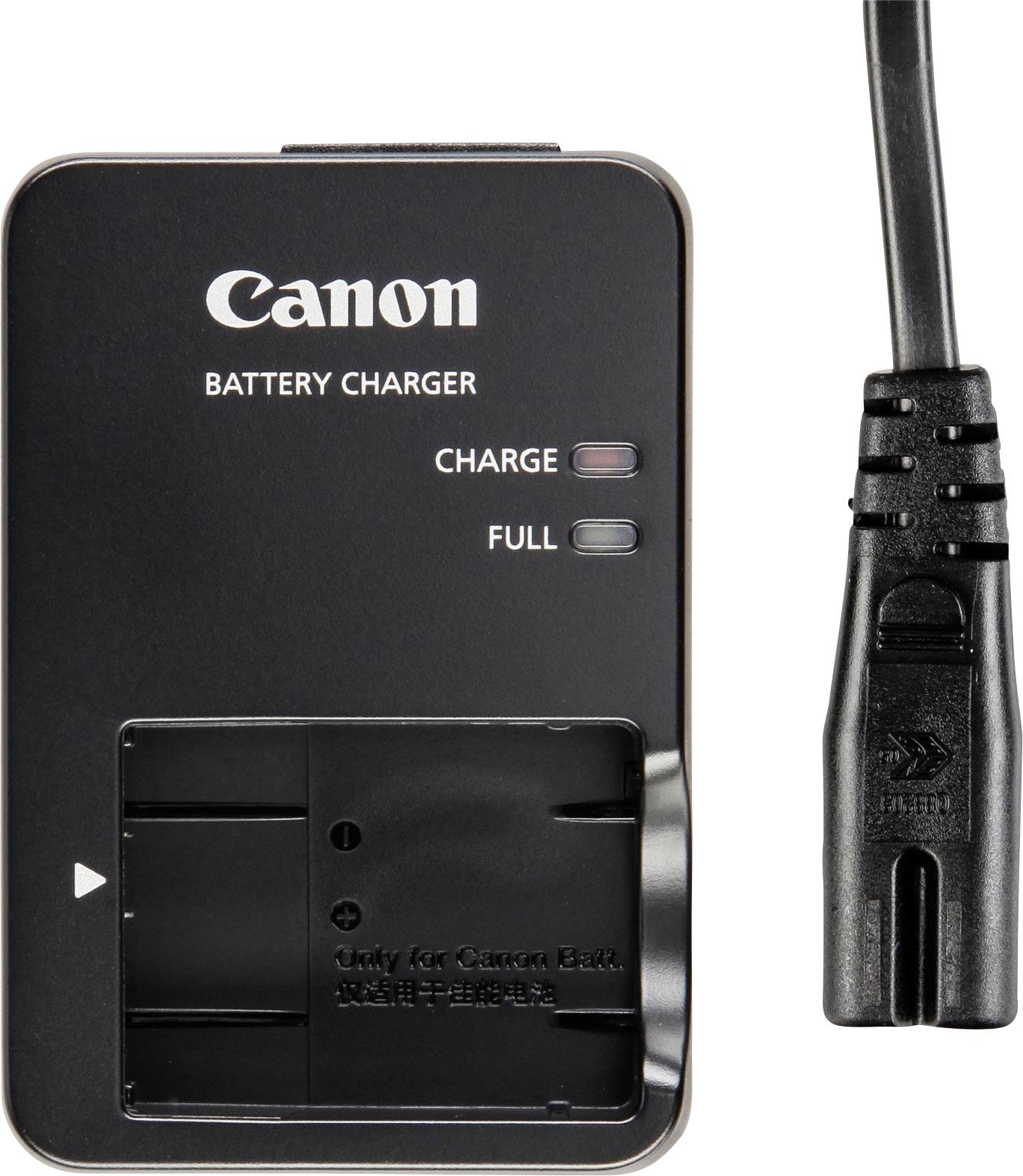 Egy Canon akkumulátortöltő két jelzőlámpával, 'CHARGE' és 'FULL' felirattal. Jobbra egy tápkábel látható.