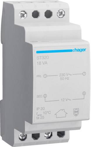 Egy szürke elektromos transzformátor kék 'Hager' felirattal. Feszültségadatok: Primer 230V és szekunder 12V, védelmi fokozat IP20.