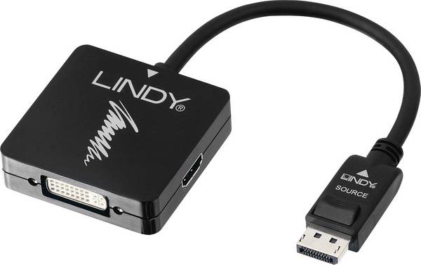 LINDY 41028 Kijelző csatlakozó / HDMI / VGA / DVI Konverter [1x DisplayPort dugó - 3x HDMI alj, VGA alj, DVI alj, 24+5 pólusú] Fekete  20.00 cm