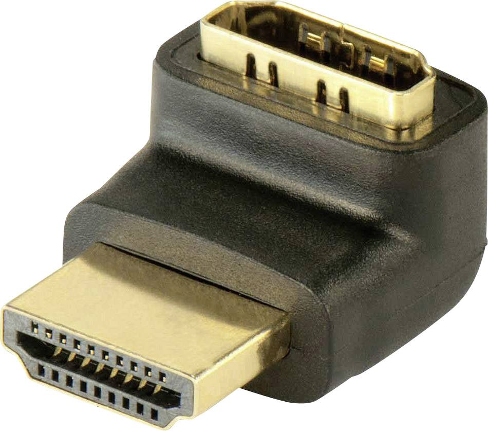 Egy HDMI-adapter közelképben, amely egy szabványos HDMI-csatlakozót alakít át Mini-HDMI foglalatba. Fekete és arany kivitelben.