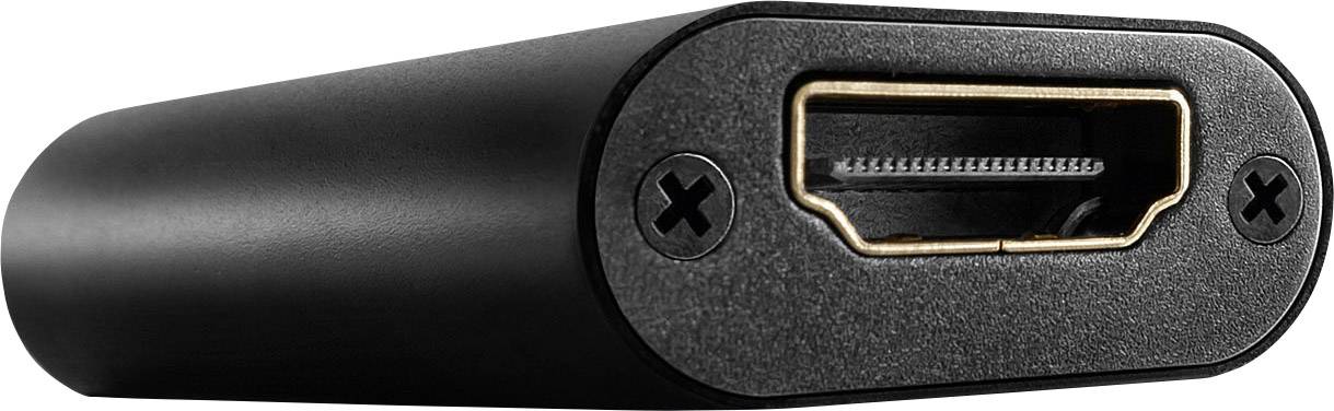 Fekete HDMI-kábel vég látható csatlakozóval és csavarokkal, közelkép.