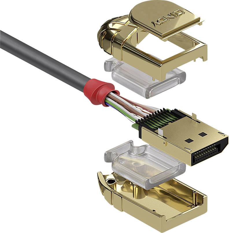'Egy szétszerelt HDMI-csatlakozó ábrázolása kábellel. Láthatóak a benne lévő arany érintkezők és a különböző színű vezetékek.'