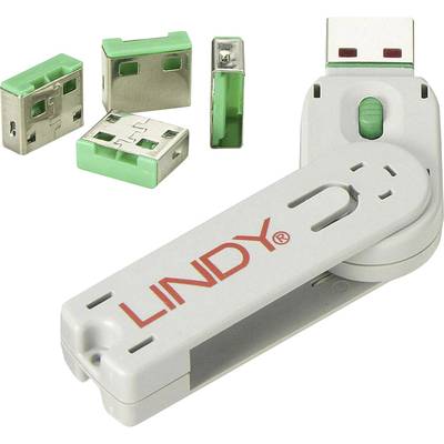 USB port blokkoló dugó, vakdugó, 4 db-os készlet, zöld, kiszedő szerszámmal, Lindy 40451