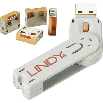 USB port blokkoló dugó, vakdugó, 4 db-os készlet, narancs, kiszedő szerszámmal, Lindy 40453
