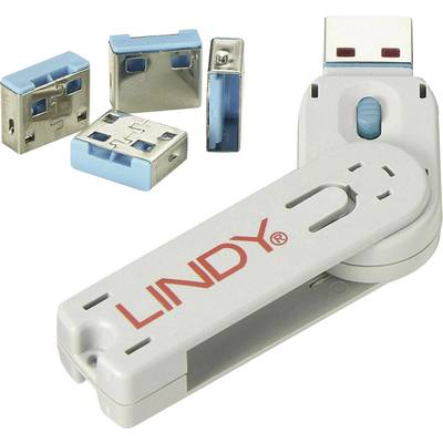 USB port blokkoló dugó, vakdugó, 4 db-os készlet, kék, kiszedő szerszámmal, Lindy 40452