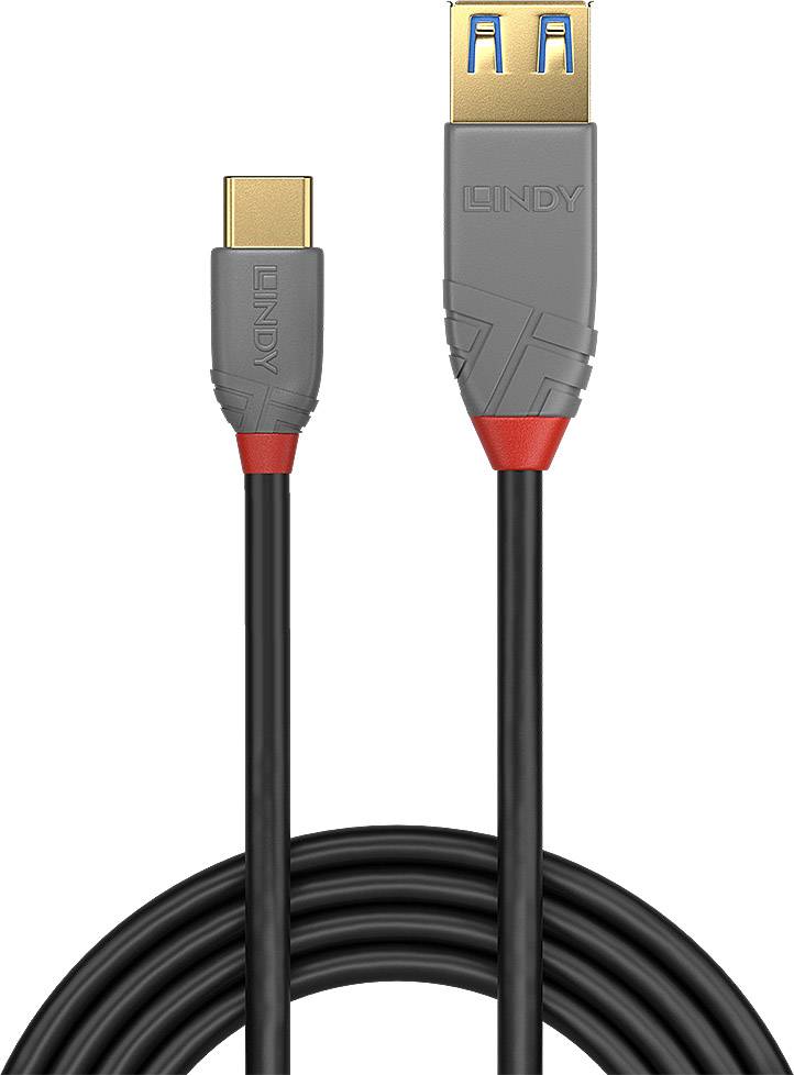 USB-C – USB-A kábel szürke csatlakozókkal és piros akcentusokkal, a 'LINDY' márkanév látható.
