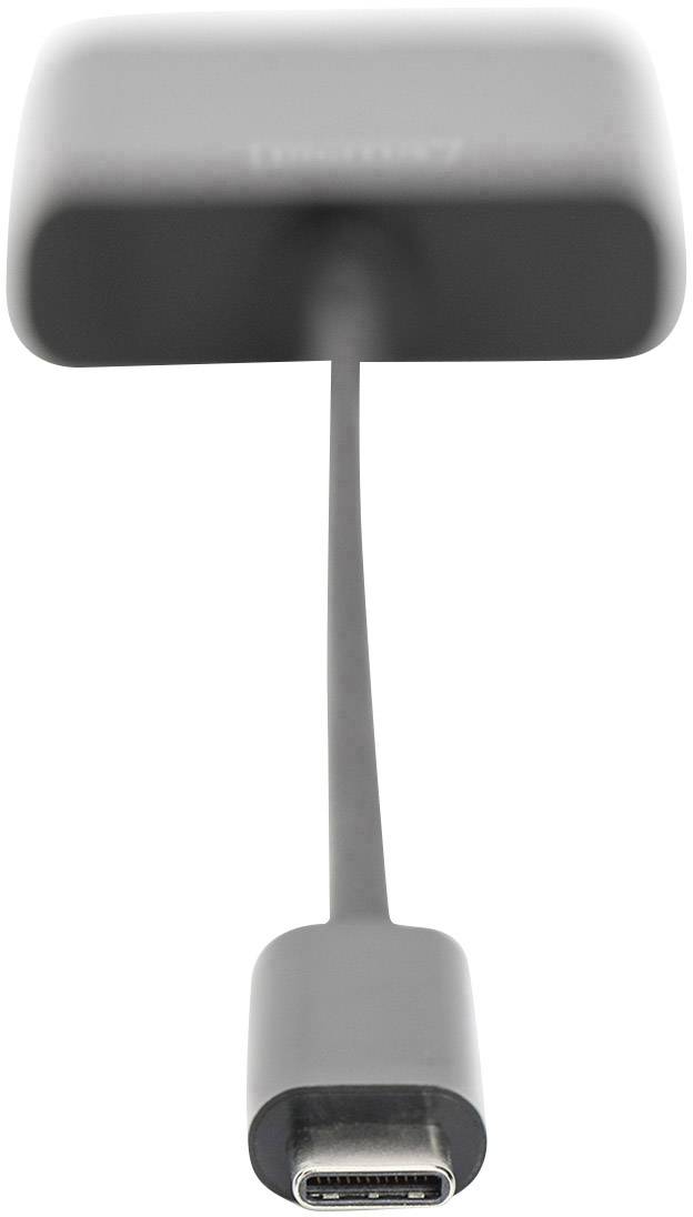 Egy fekete USB-C-adapter rövid kábellel összekapcsolva, elölnézeti perspektívában.