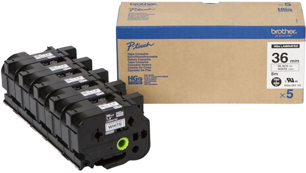 Fekete Brother P-touch kazetta fehér címkével, 36 mm, 8 m, csomagolásban. 5 darabos szett.