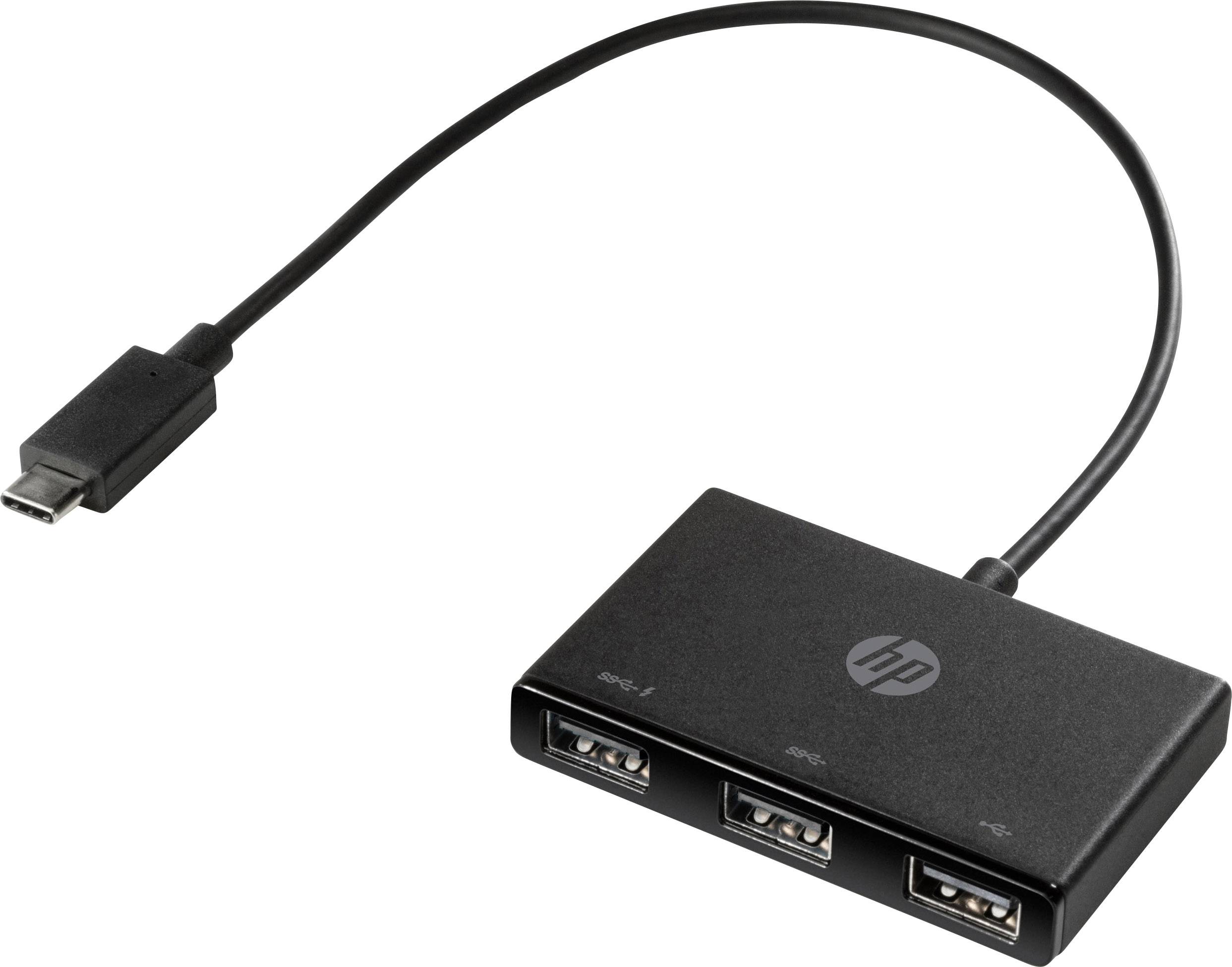 USB-C hub három USB-porttal; kompakt fekete dizájn számítógép-kiegészítők bővítéséhez.