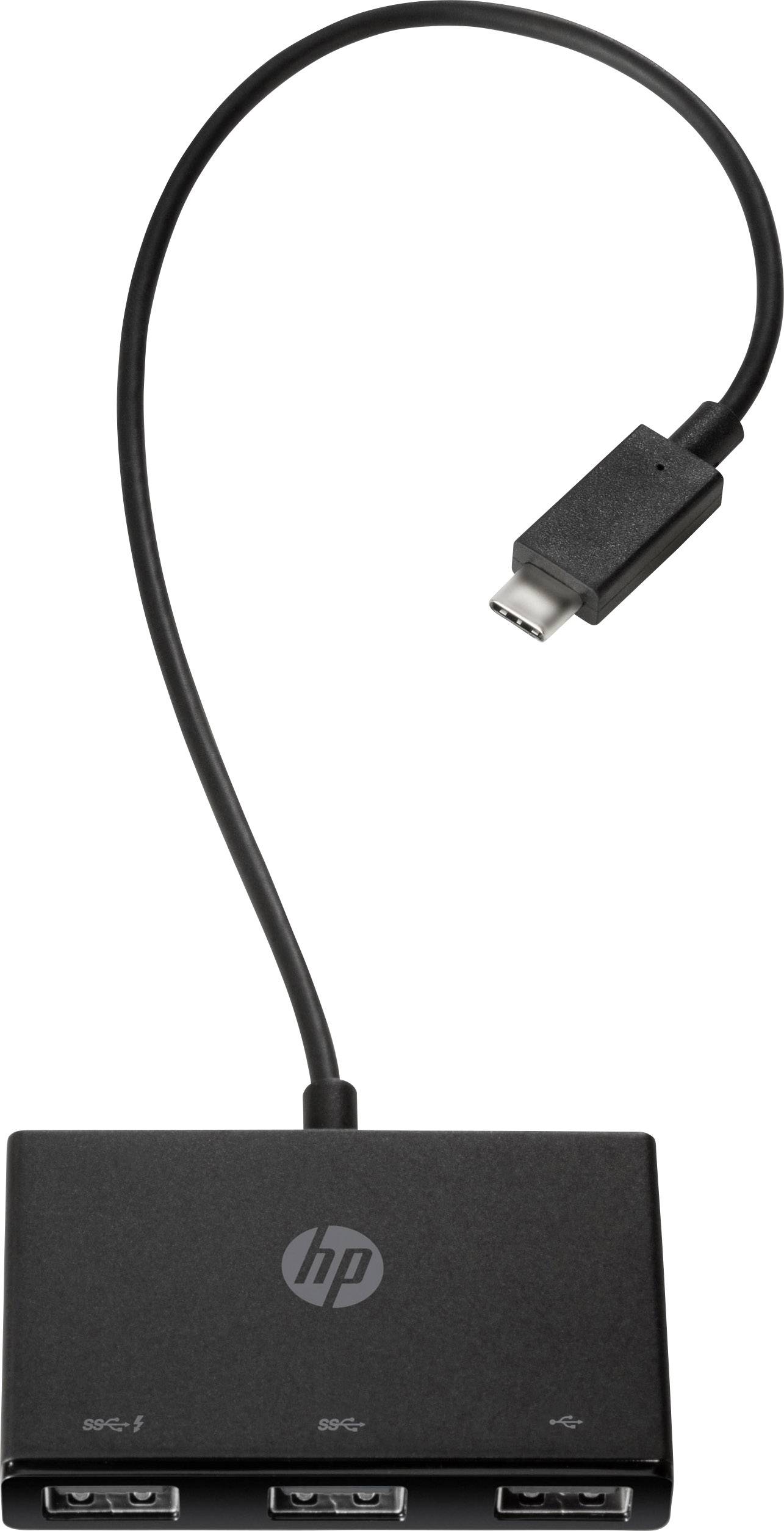 Egy fekete adapter három USB-porttal és egy USB-C-kábellel, amelynek felületén egy HP-logó látható.