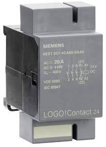 'SIEMENS LOGO!Kontakt 24' kapcsolókészülék, szürke, 20A névleges áram, AC 3 mellett 400V-nál, DIN-sínes szereléshez, elöl műszaki specifikációkkal.