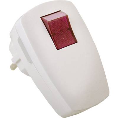 Egy fehér dugaszaljzat-adapter piros be-/kikapcsolóval.