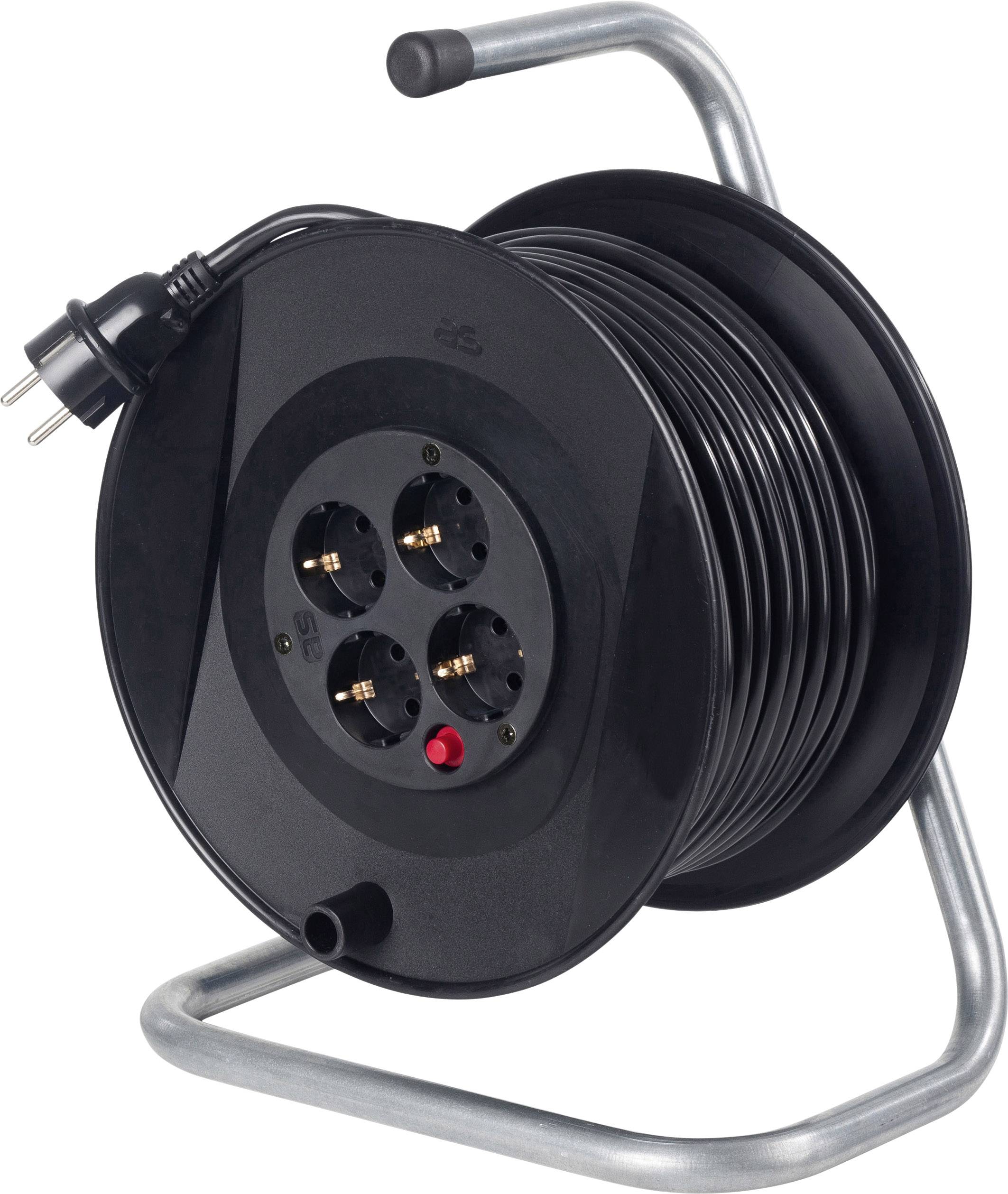 Fekete kábeldob négy aljzattal egy ezüstszínű állványon. A kábeldob részben már le van tekerve.