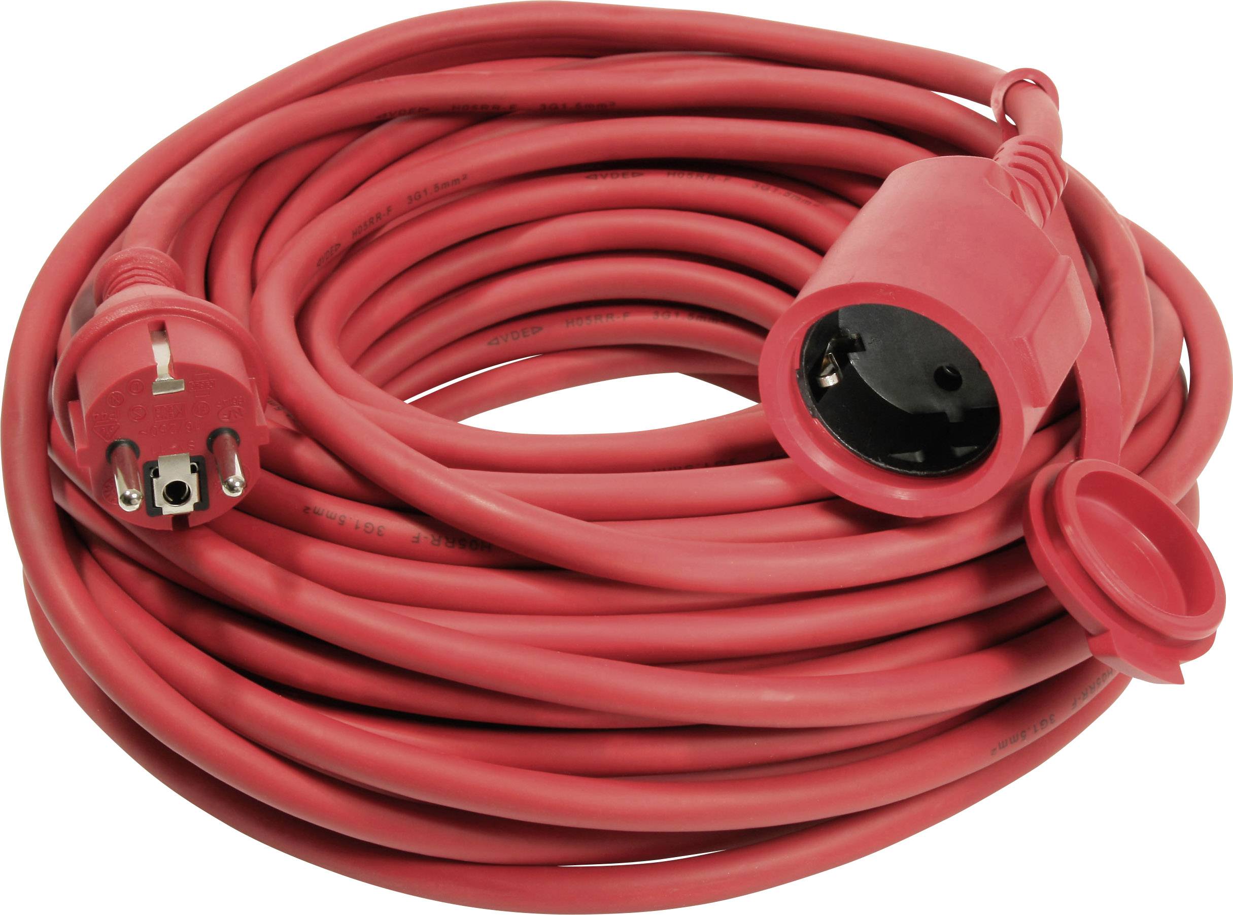 Egy hosszú, piros hosszabbító, csatlakozóval és aljzattal, feltekerve és használatra készen elektromos csatlakozásokhoz.