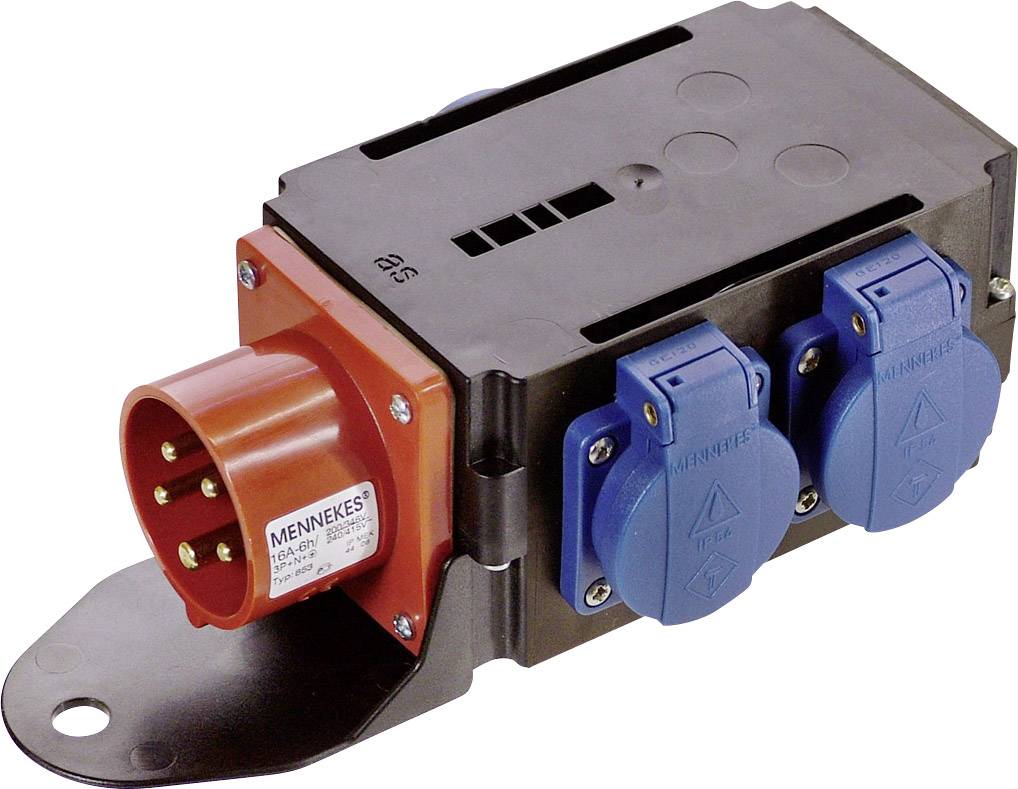 Egy elektromos adapter egy piros csatlakozóval a bal oldalán és két kék aljzattal a jobb oldalán.