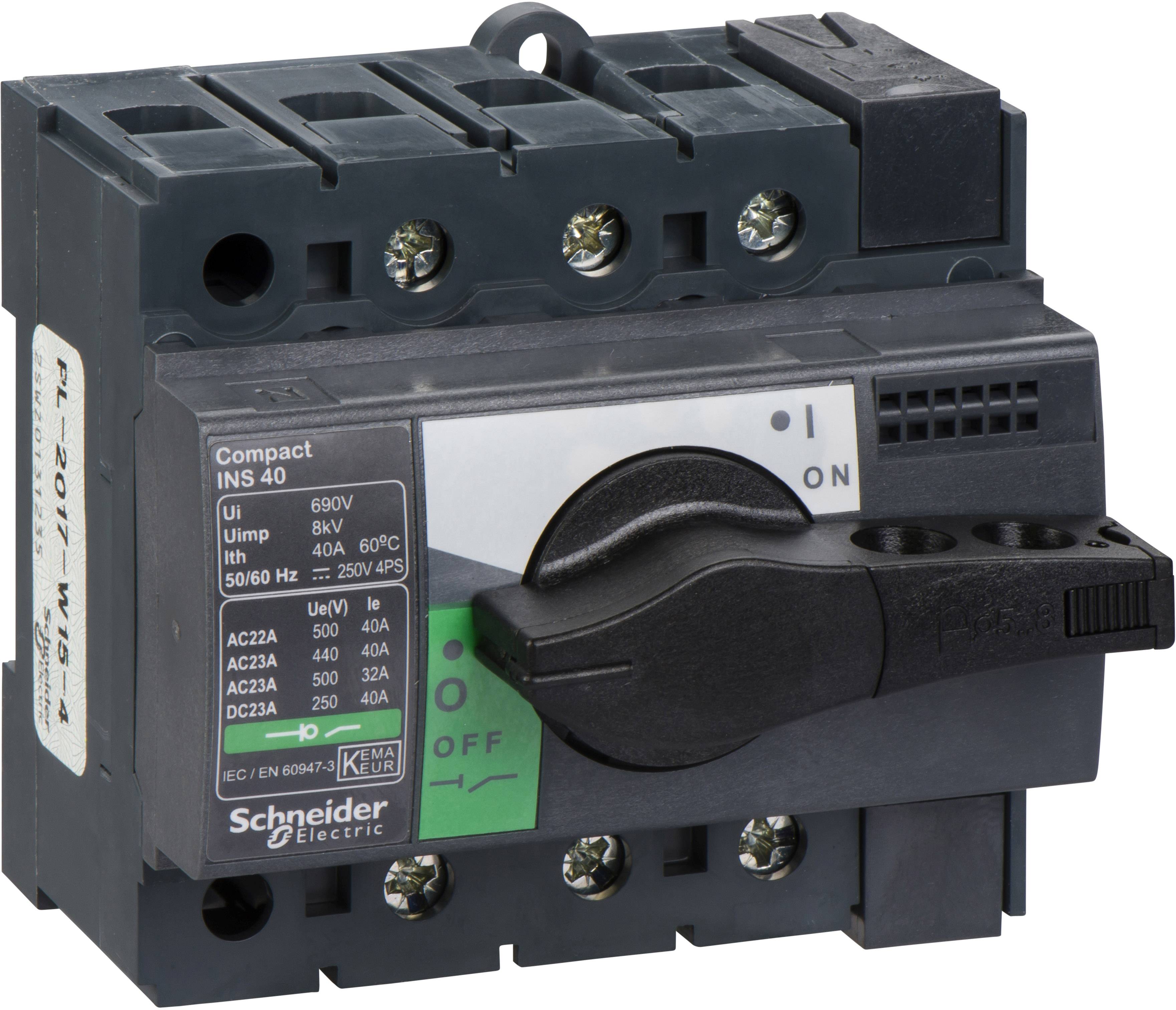 Egy Schneider Electric elektromos védőeszközön lévő fekete kapcsoló, amelyen az 'ON' és 'OFF' kapcsolóállások vannak jelölve.