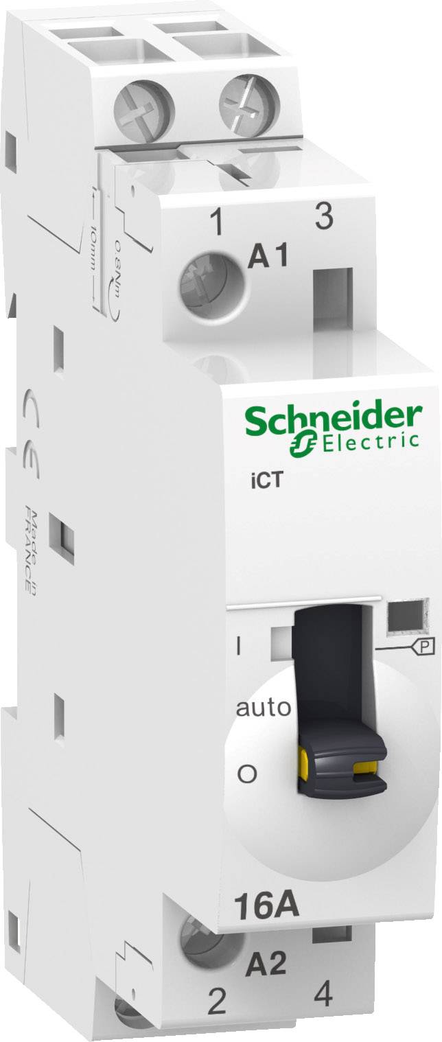 Schneider Electric iCT típusú 16A-es Schütz-kapcsoló emelőkarral az 'auto' vagy 'I' üzemmód kiválasztásához.