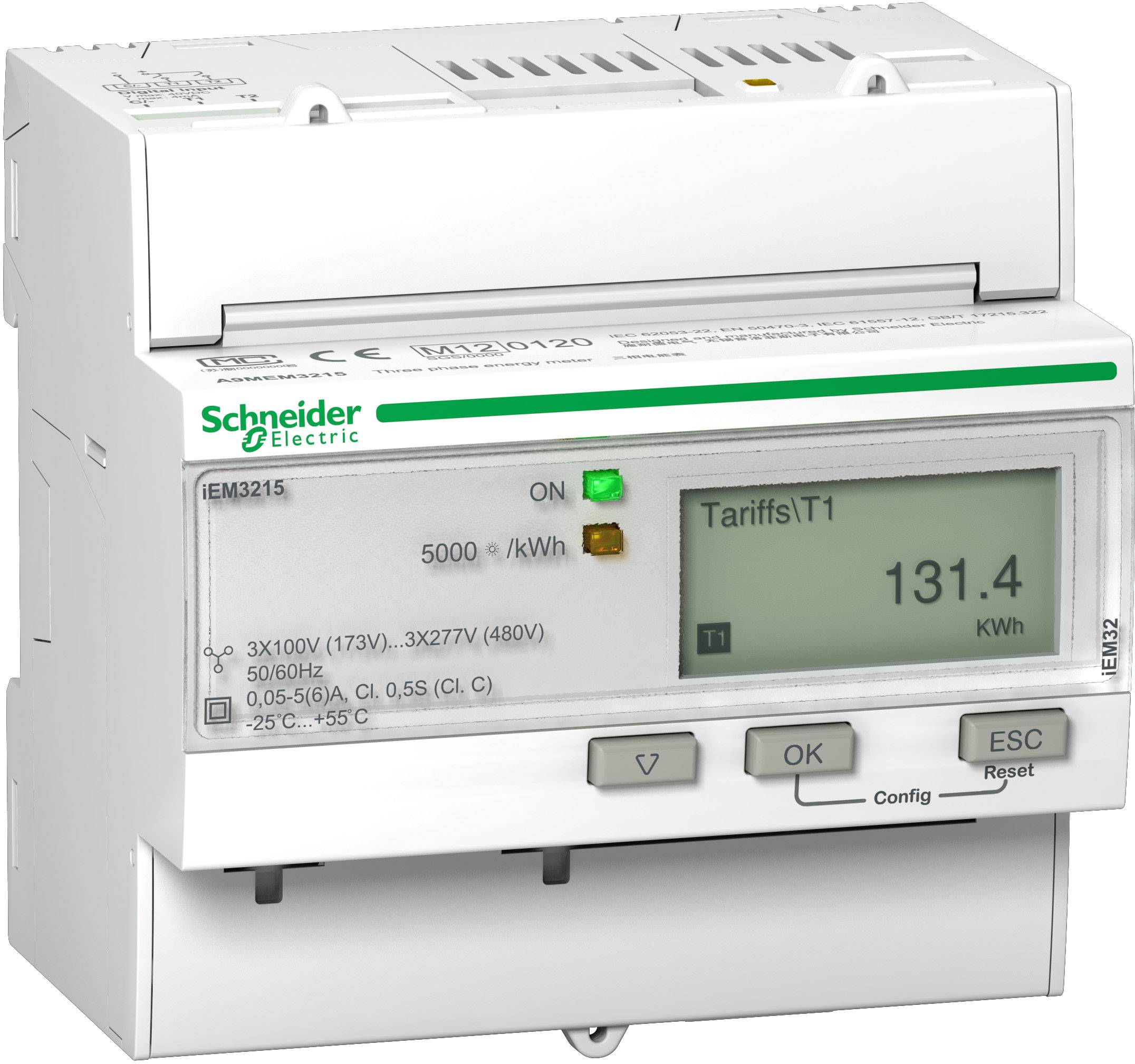 Egy Schneider Electric elektromos mérő a digitális kijelzőn 'TariffST1' felirattal 131,4 kWh értéket mutat.