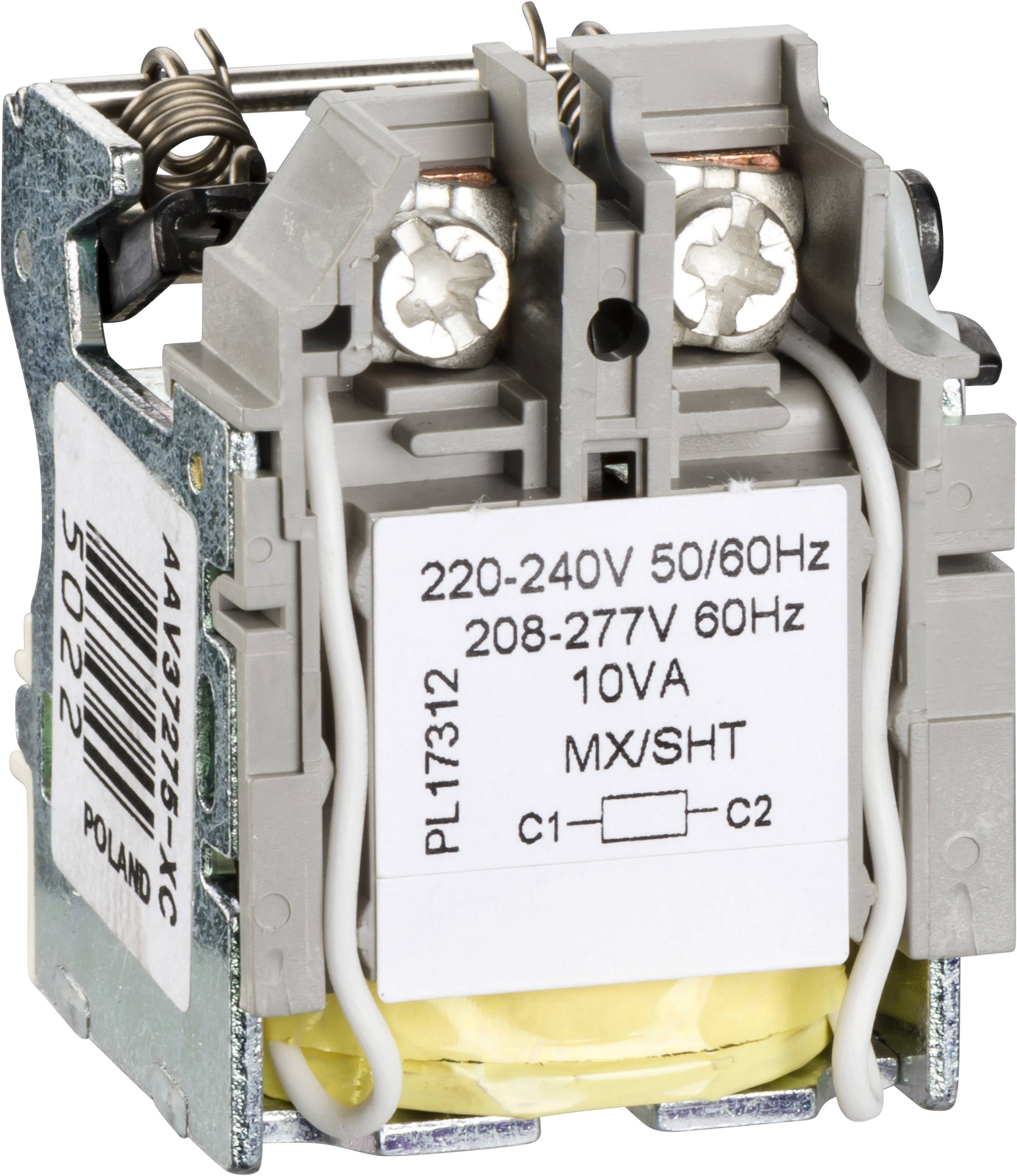Elektromos tekercses alkatrész '220-240V 50/60Hz, 208-277V 60Hz, 10VA' felirattal. Csatlakozókat és tekercseket mutat.