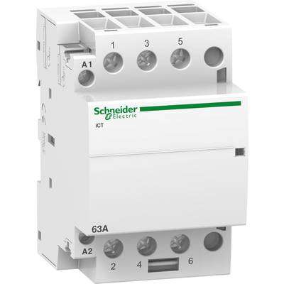 Egy fehér teljesítménymegszakító Schneider Electric gyártótól, több csavaros csatlakozóval és felirattal, amelynek felső részén "A1", alsó részén "A2" látható.