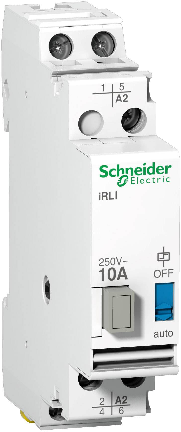 'Schneider Electric iRLI relé, 250V~, 10A, be/ki kapcsolóval és automatikus üzemmóddal. Elektromos vezérlési alkalmazásokhoz alkalmas.'