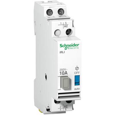 'Schneider Electric iRLI relé, 250V~, 10A, be/ki kapcsolóval és automatikus üzemmóddal. Elektromos vezérlési alkalmazásokhoz alkalmas.'
