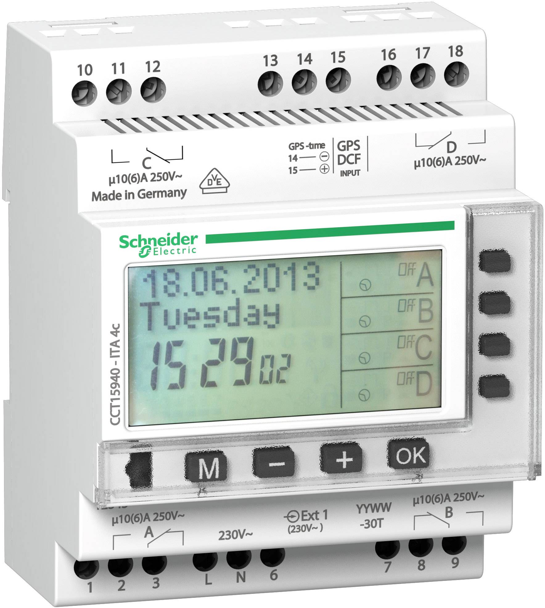 Elektronikus időkapcsoló LCD-kijelzővel mutatja a '2013.06.18., kedd, 15:29' időpontot. Márka- és gyártási információk láthatók.