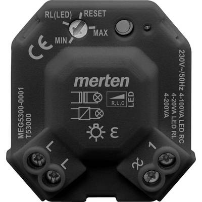 Egy fekete Merten típusú fényerőszabályzó LED-kijelzővel, 230V, 50Hz feszültségre és 4-200VA teljesítményre állítva. Felül egy reset gomb.