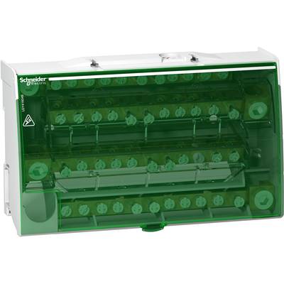 Zöld átlátszó burkolatú elektromos biztosítékszekrény, több biztosítéktartóval és a Schneider Electric logójával.